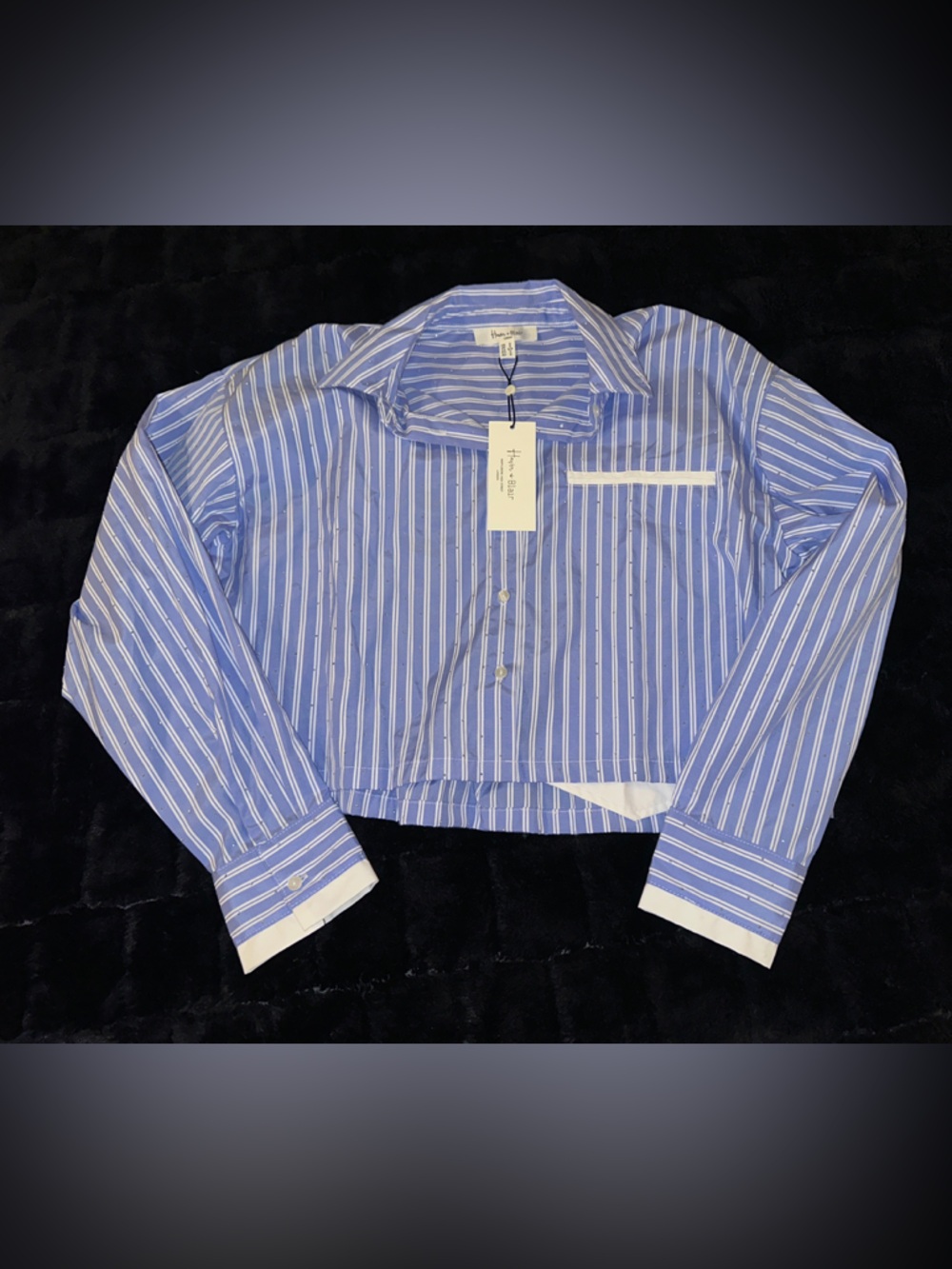 Blue Stripe Women’s Embellished Cropped Dress Shirt with Contrast Cuffs